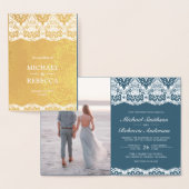 Goldene Foil Dusty Blaue Spitzen Einladung Hochzei (Anzeige)