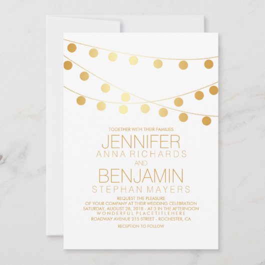 Goldene Foil-Effekt-Lichter Weiße Hochzeit Einladung (Vorderseite)