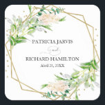 Goldene Foil Geometric Greenery Elegante Hochzeit Quadratischer Aufkleber<br><div class="desc">Geometrische Grünpflanzen des Goldes Foil Foil Elegante Hochzeitsplatte</div>
