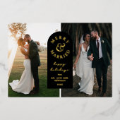 Goldene Foil Merry & Verheiratete Hochzeit Foto Ur Folieneinladung (Vorderseite)