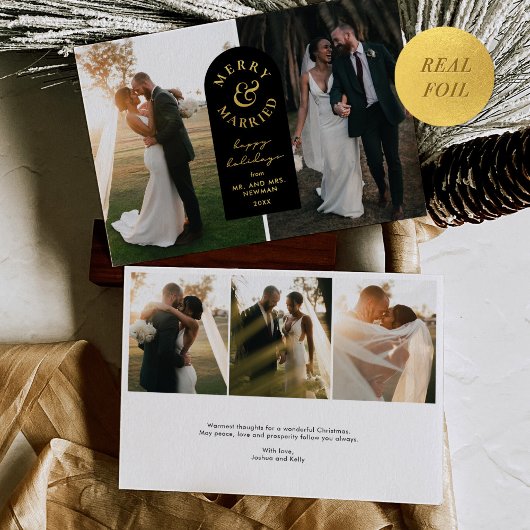 Goldene Foil Merry & Verheiratete Hochzeit Foto Ur Folieneinladung