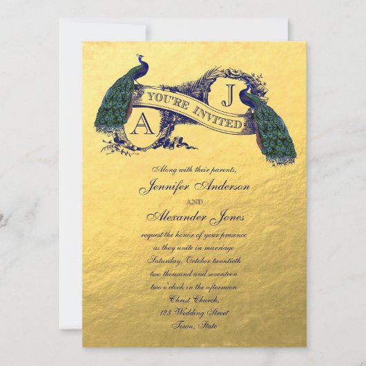 Goldene Foil Peacock Hochzeit Einladung (Vorderseite)