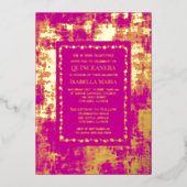 Goldene Foil Quinceañera Einladung Glam Pink Spark (Vorderseite)