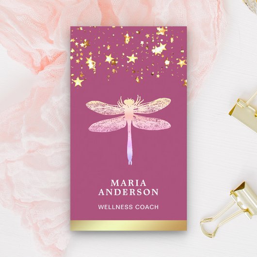 Goldene Foil Stars Confetti Rosa Dragonfly Visitenkarte
