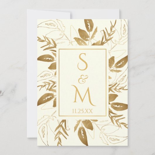 Goldene Foliage | Elegant Gold Ivory White Wedding Einladung (Vorderseite)