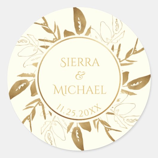 Goldene Foliage | Elegant Gold Ivory White Wedding Runder Aufkleber (Vorderseite)