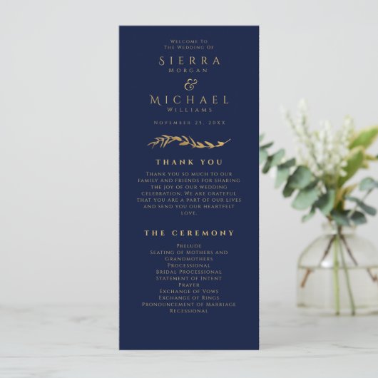 Goldene Foliage | Elegante Blue Gold Wedding Programm (Stehend Vorderseite)