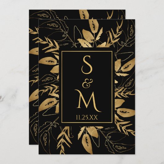 Goldene Foliage | Elegante Gold Black Wedding Einladung (Vorne/Hinten)