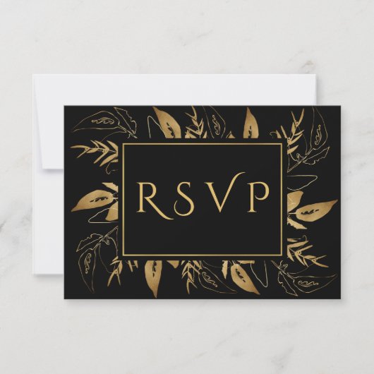 Goldene Foliage | Elegante Gold Black Wedding RSVP Karte (Vorderseite)