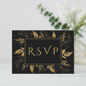 Goldene Foliage | Elegante Gold Black Wedding RSVP Karte (Stehend Vorderseite)