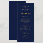 Goldene Foliage | Elegante Gold Navy Blue Wedding Menükarte (Vorne/Hinten)