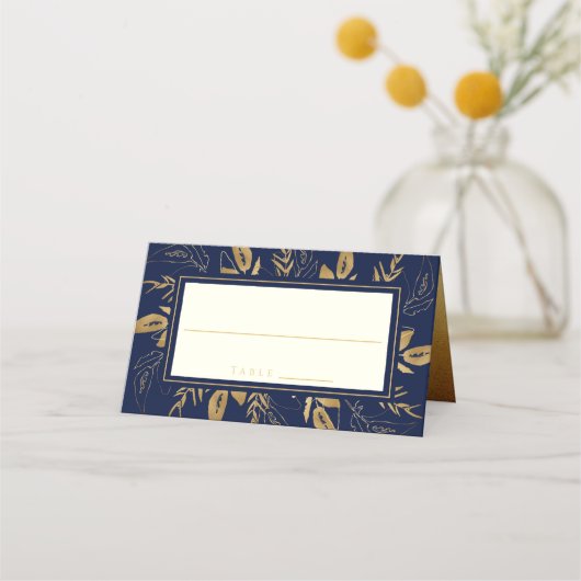 Goldene Foliage | Elegante Gold Navy Blue Wedding Platzkarte (Vorderseite)