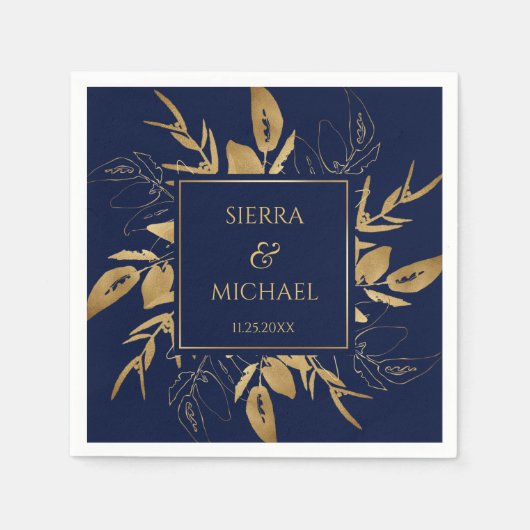 Goldene Foliage | Elegante Gold Navy Blue Wedding Serviette (Vorderseite)