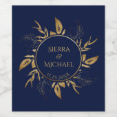Goldene Foliage | Elegante Gold Navy Blue Wedding Weinetikett (Einzelnes Label)