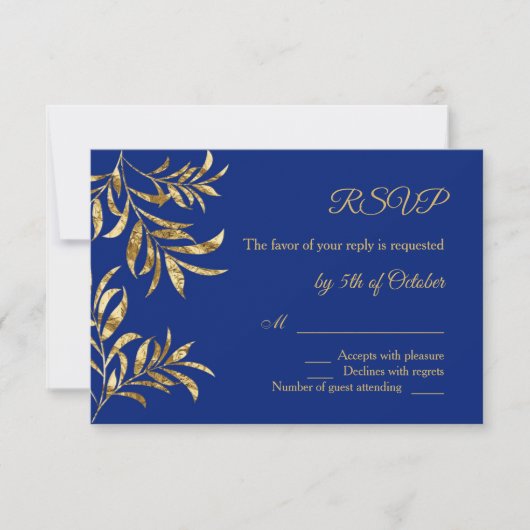Goldene Folie Blätter auf blauem Hochzeitstich RSVP Karte (Vorderseite)