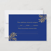 Goldene Folie Blätter auf blauem Hochzeitstich RSVP Karte (Rückseite)