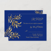 Goldene Folie Blätter auf blauem Hochzeitstich RSVP Karte (Vorne/Hinten)