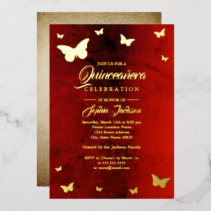 GOLDENE FOLIE Rote Butterfly Quinceanera Folieneinladung