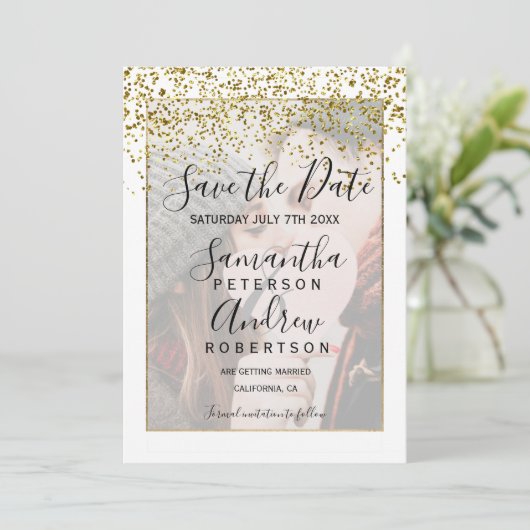 Goldene Foto-Hochzeit in Chic Save the Date (Stehend Vorderseite)