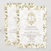 Goldene französische Toile Monogramm QR-Code-Hochz Einladung (Vorne/Hinten)