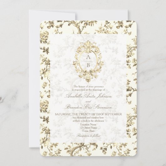 Goldene französische Toile Monogramm QR-Code-Hochz Einladung (Vorderseite)