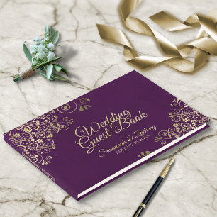 Goldene Frills auf Deep Plum Lila Elegante Hochzei Gästebuch