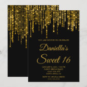 Goldene funkelnde Lichterkette Schwarz Sweet 16 Einladung (Vorne/Hinten)
