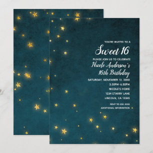 Goldene Funkelsterne Himmel Party zum 16. Geburtst Einladung