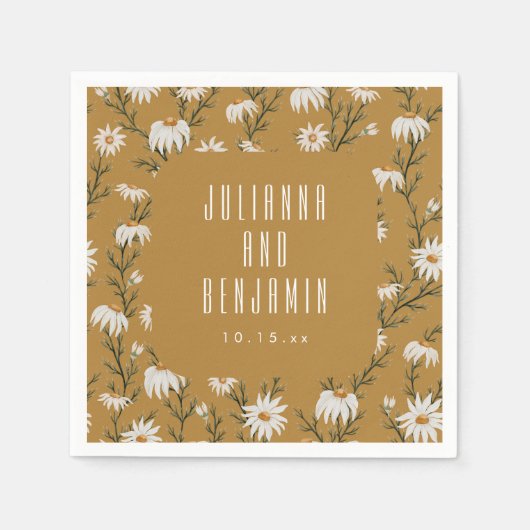 Goldene Gänseblümchen-Wildblumen-Boho-Hochzeitsblu Serviette (Vorderseite)