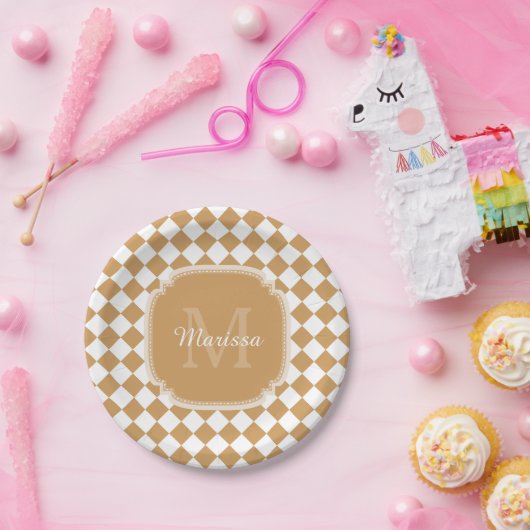 Goldene gelbe geprüfte Monogramm mit Name Pappteller (Party)