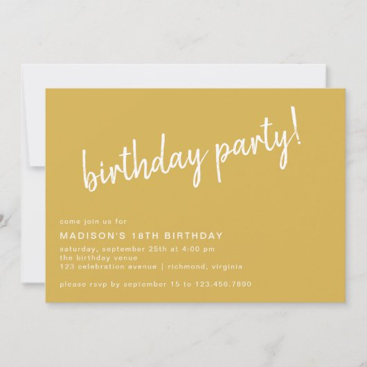 Goldene Gelbe Moderne Lässig jedes Alters Geburtst Einladung (Vorderseite)