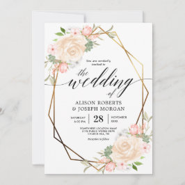 Goldene geometrische Bilderhochzeit in Peach Wasse Einladung