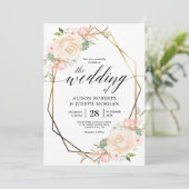 Goldene geometrische Bilderhochzeit in Peach Wasse Einladung (Stehend Vorderseite)