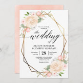 Goldene geometrische Bilderhochzeit in Peach Wasse Einladung (Vorne/Hinten)