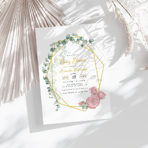 Goldene geometrische Eukalyptus- und rosa Rosen-Ba Einladung