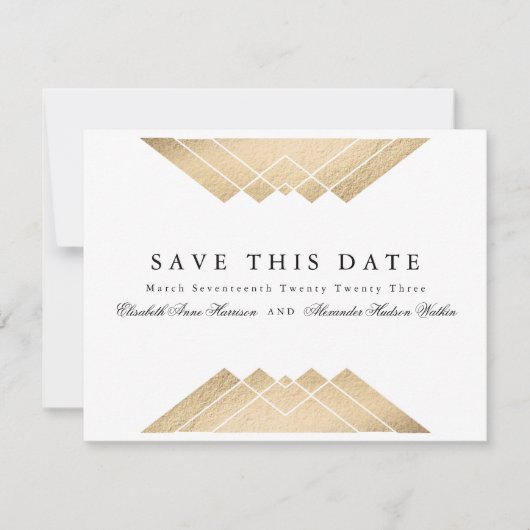 Goldene geometrische Gatsby-Folie Save the Date Ankündigung (Vorderseite)