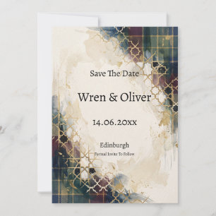 Goldene geometrische Gitter-Tartan-Hochzeitseinlad Save The Date