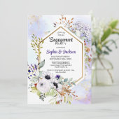 Goldene geometrische Lila Floral Engagement Party Einladung (Stehend Vorderseite)