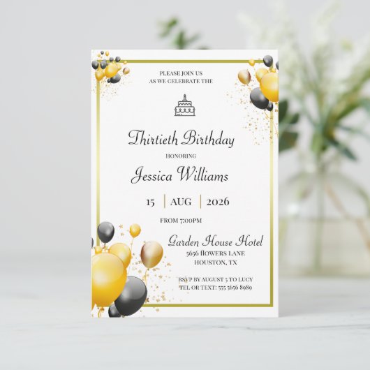 Goldene Gerahmte, dekorative Balkone zum Geburtsta Einladung (Stehend Vorderseite)