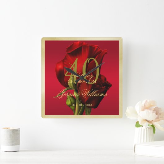 Goldene Gerahmte romantische Rote Rose Geburtstag Quadratische Wanduhr (Zuhause)