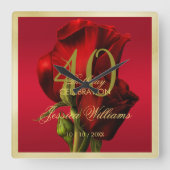 Goldene Gerahmte romantische Rote Rose Geburtstag Quadratische Wanduhr (Vorderseite)