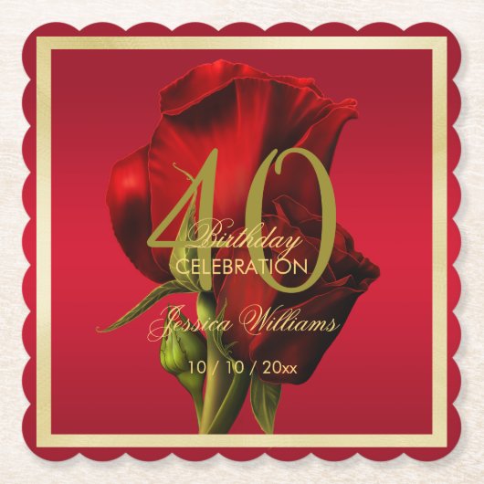 Goldene Gerahmte romantische Rote Rose Geburtstag Untersetzer (Vorderseite)