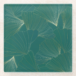 Goldene Ginkgoblätter Art Deco Glasuntersetzer