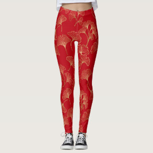 Goldene Ginkgoblätter auf Rot Elegant Botanisch (4 Leggings