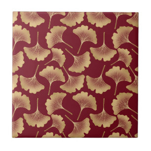 Goldene Ginkgoblätter auf Rot Elegante Botanik (6) Fliese
