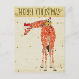 Goldene Giraffe & Kleiner Vogel Weihnachtspostkart Feiertagspostkarte