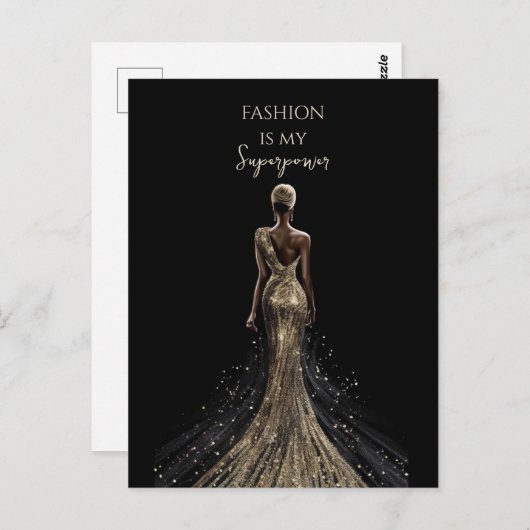 Goldene Girl-Back-Glitzer-Kleid mit schwarzem Hint Postkarte (Vorne/Hinten)