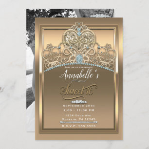 Goldene Glam Prinzessin Herz Tiara Sweet 16 Foto Einladung