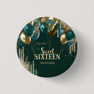 Goldene Glitter-Tropfen Ballons Grün Sweet 16 Button