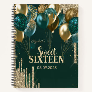 Goldene Glitter-Tropfen Ballons Grün Sweet 16 Notizblock